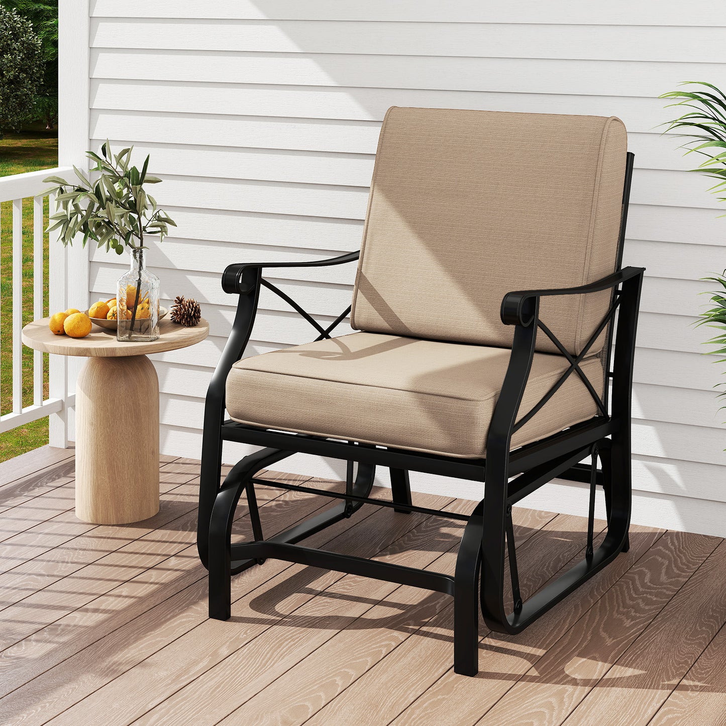 Patio Glider Rocking Chair with Metal Frame and Thick Cushions-Brown