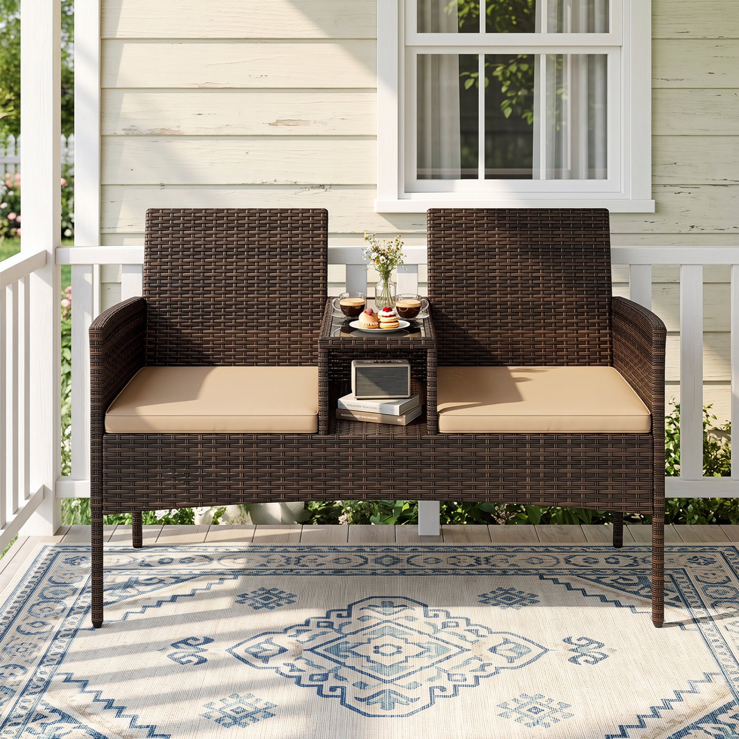 Patio Loveseat Wicker 2-Seat Conversation Set with Built-in Coffee Table-Brown