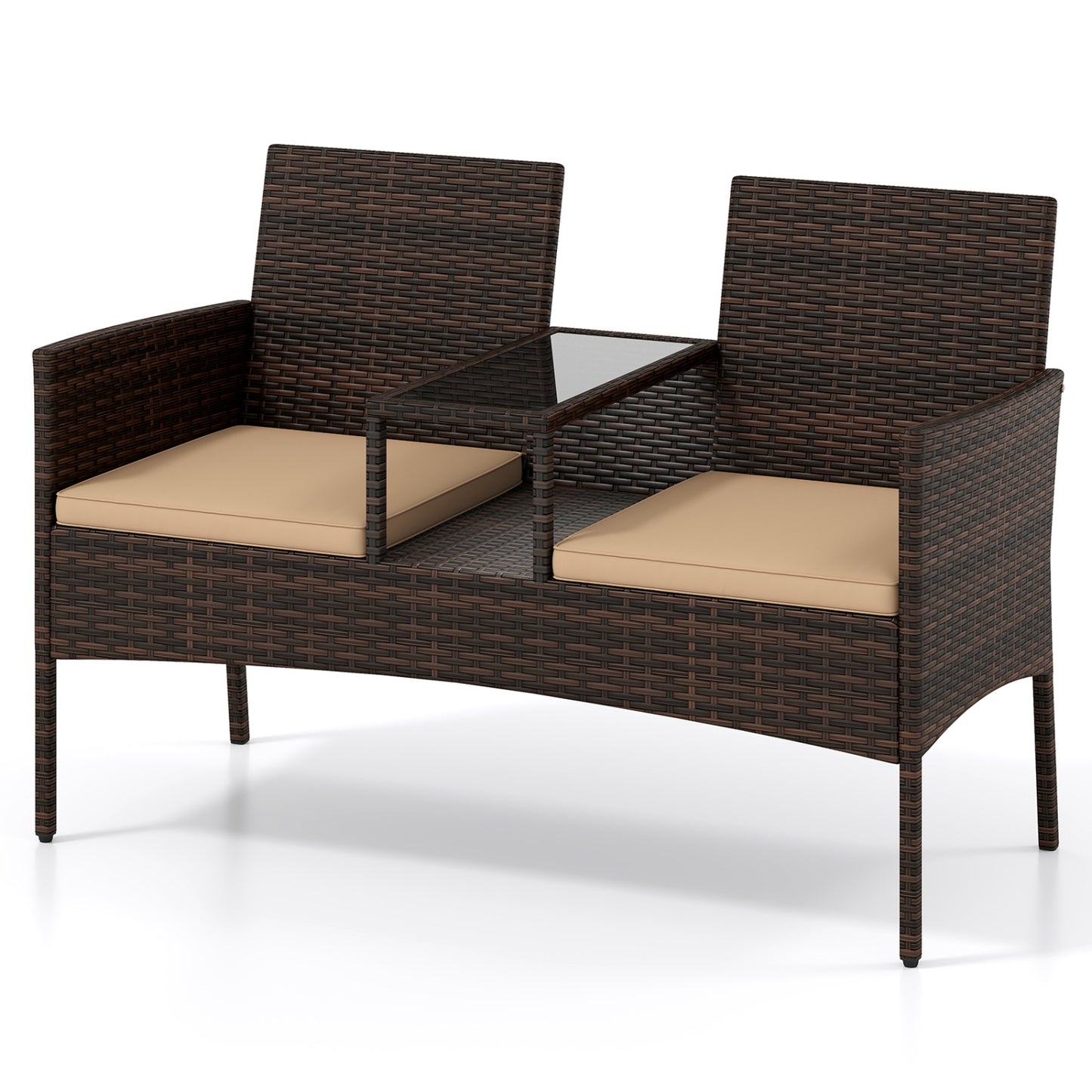 Patio Loveseat Wicker 2-Seat Conversation Set with Built-in Coffee Table-Brown