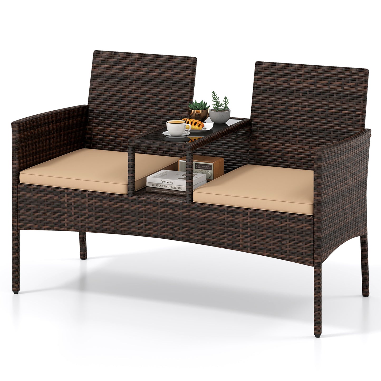 Patio Loveseat Wicker 2-Seat Conversation Set with Built-in Coffee Table-Brown
