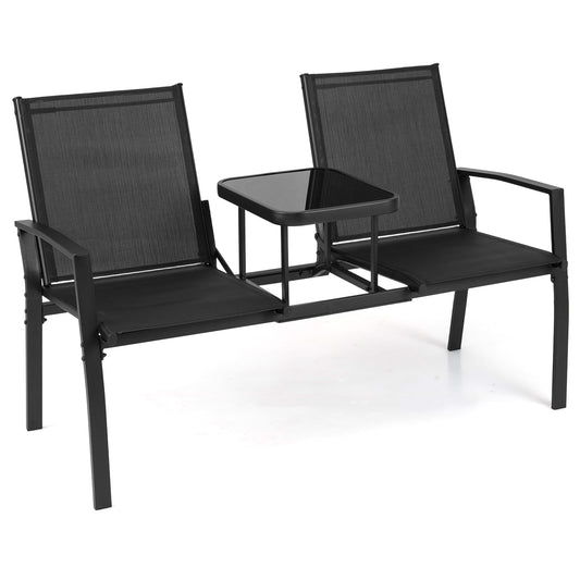 Patio Loveseat with Built-in Table with Breathable Fabric Back-Black