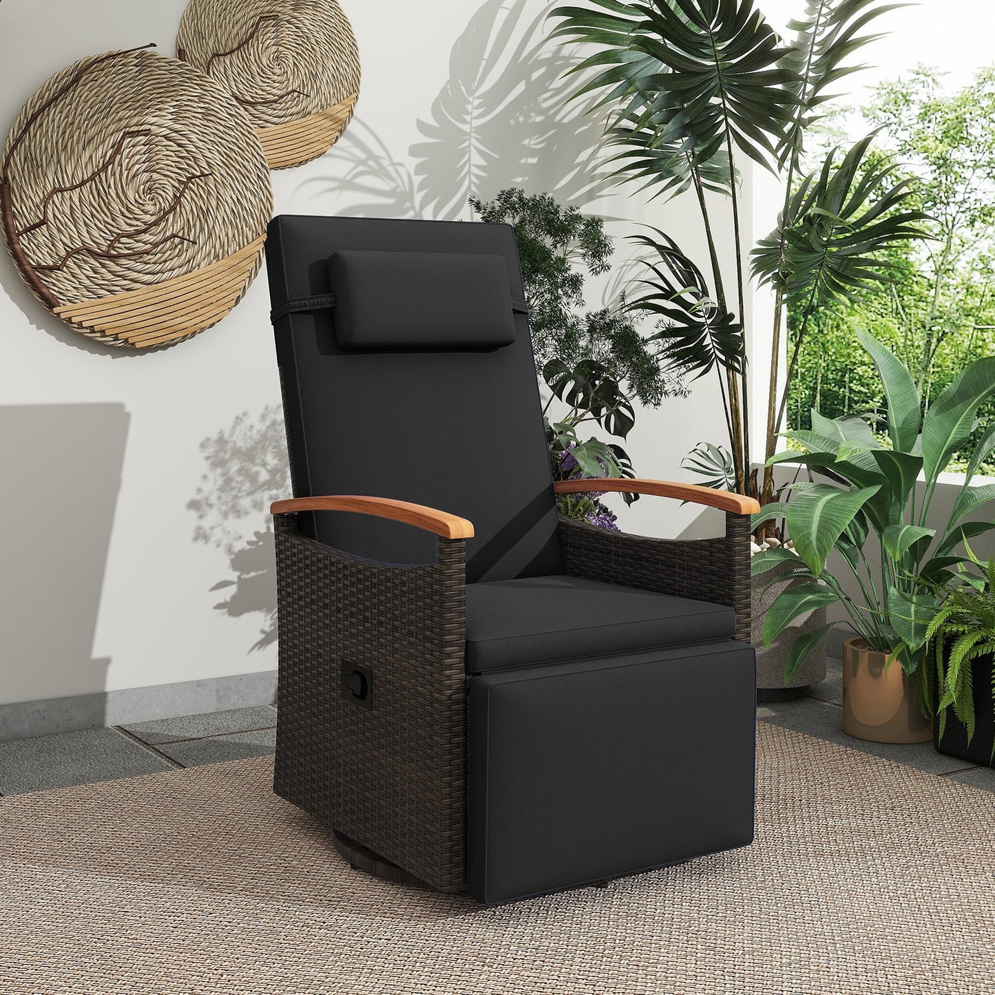 Patio Rattan 360° Swivel Recliner Chair with Adjustable Backrest and Footrest-Beige