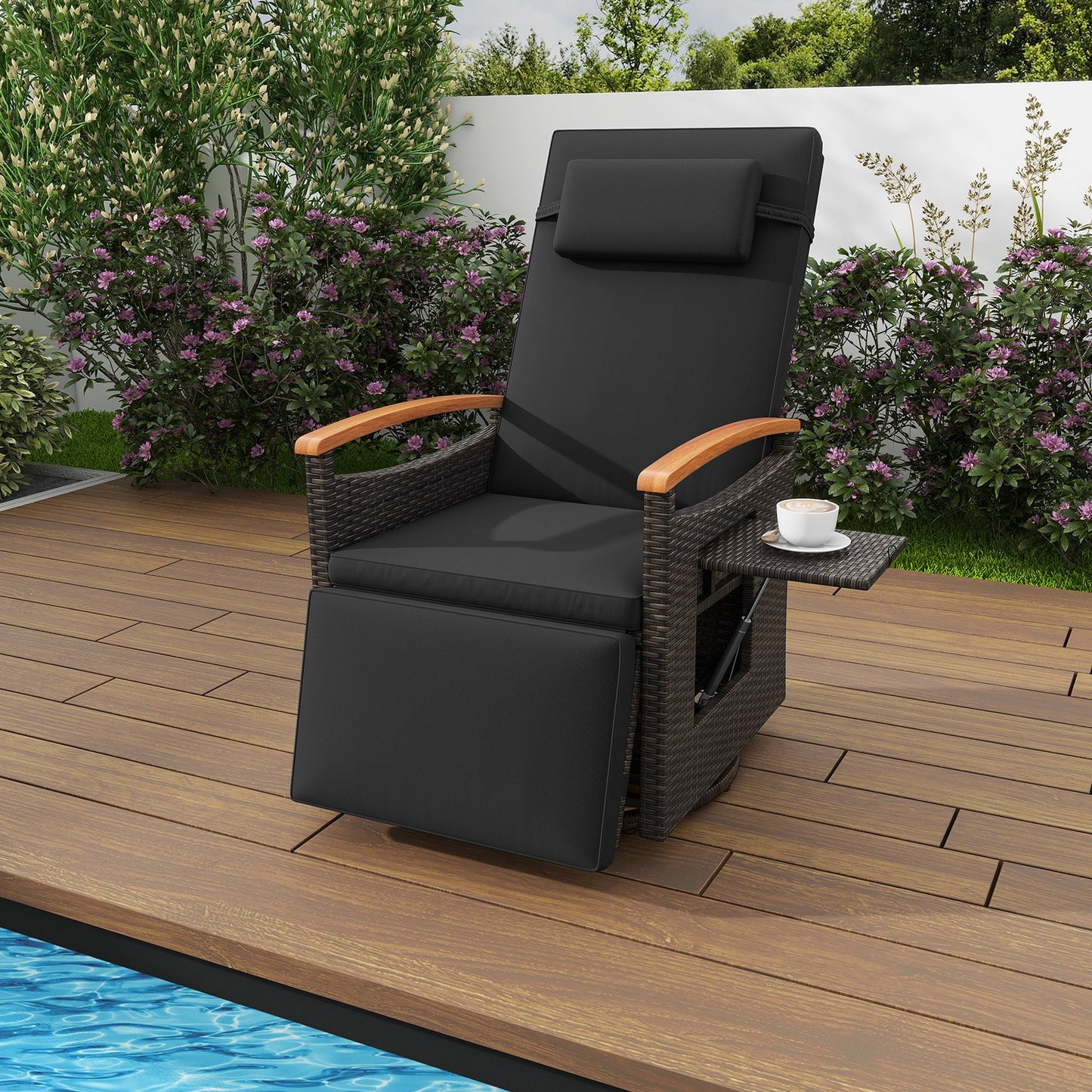 Patio Rattan 360° Swivel Recliner Chair with Adjustable Backrest and Footrest-Beige