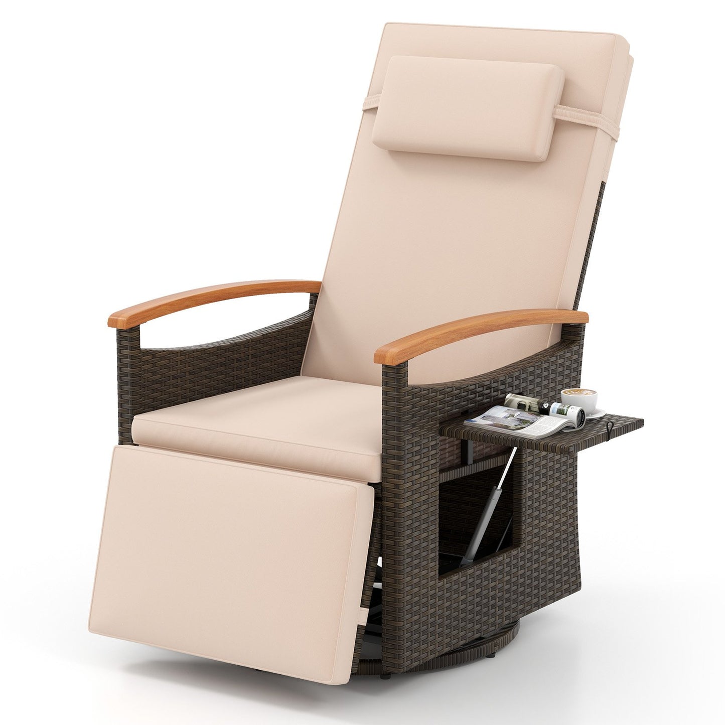 Patio Rattan 360° Swivel Recliner Chair with Adjustable Backrest and Footrest-Beige