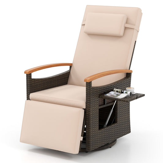 Patio Rattan 360° Swivel Recliner Chair with Adjustable Backrest and Footrest-Beige