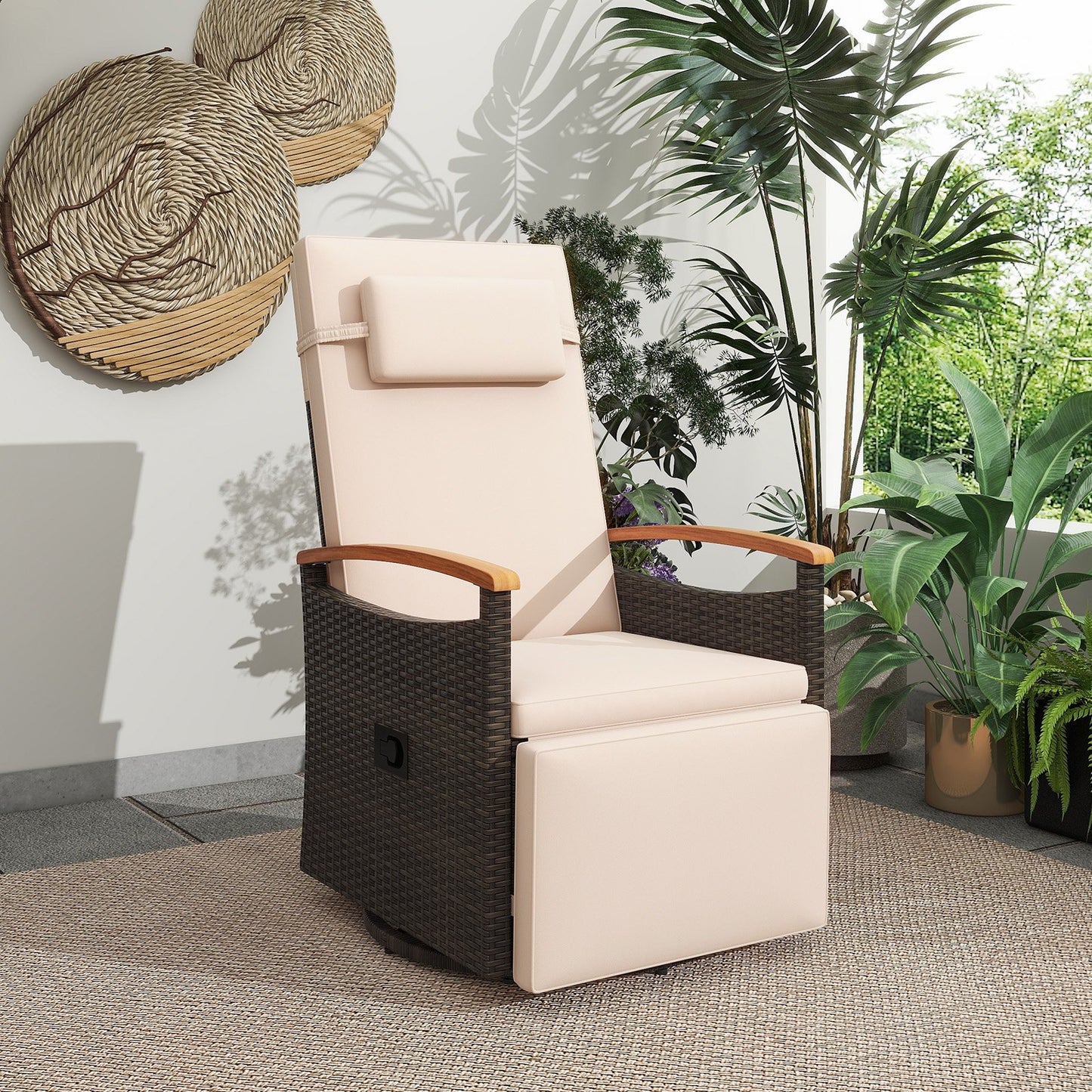 Patio Rattan 360° Swivel Recliner Chair with Adjustable Backrest and Footrest-Beige