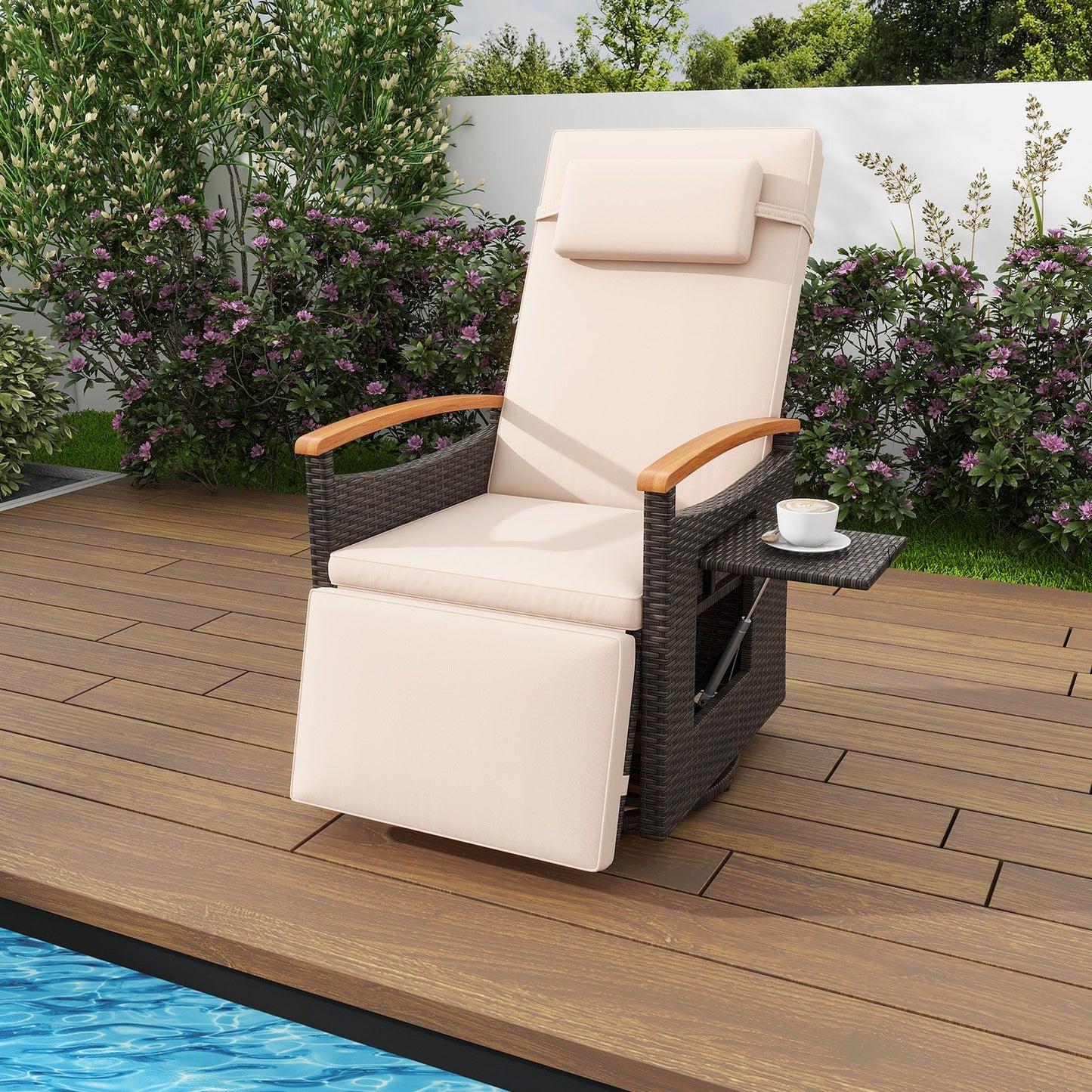 Patio Rattan 360° Swivel Recliner Chair with Adjustable Backrest and Footrest-Beige