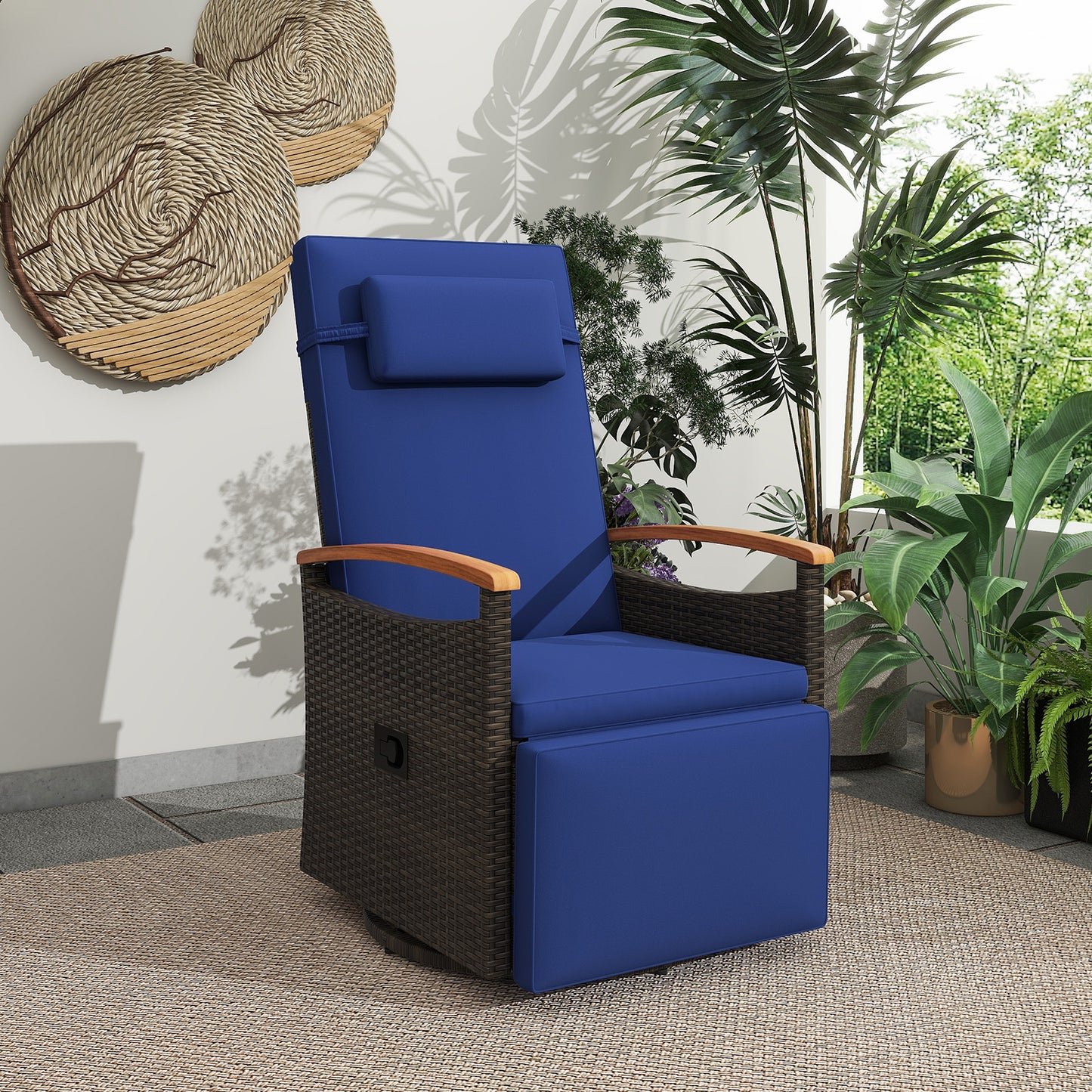 Patio Rattan 360° Swivel Recliner Chair with Adjustable Backrest and Footrest-Beige