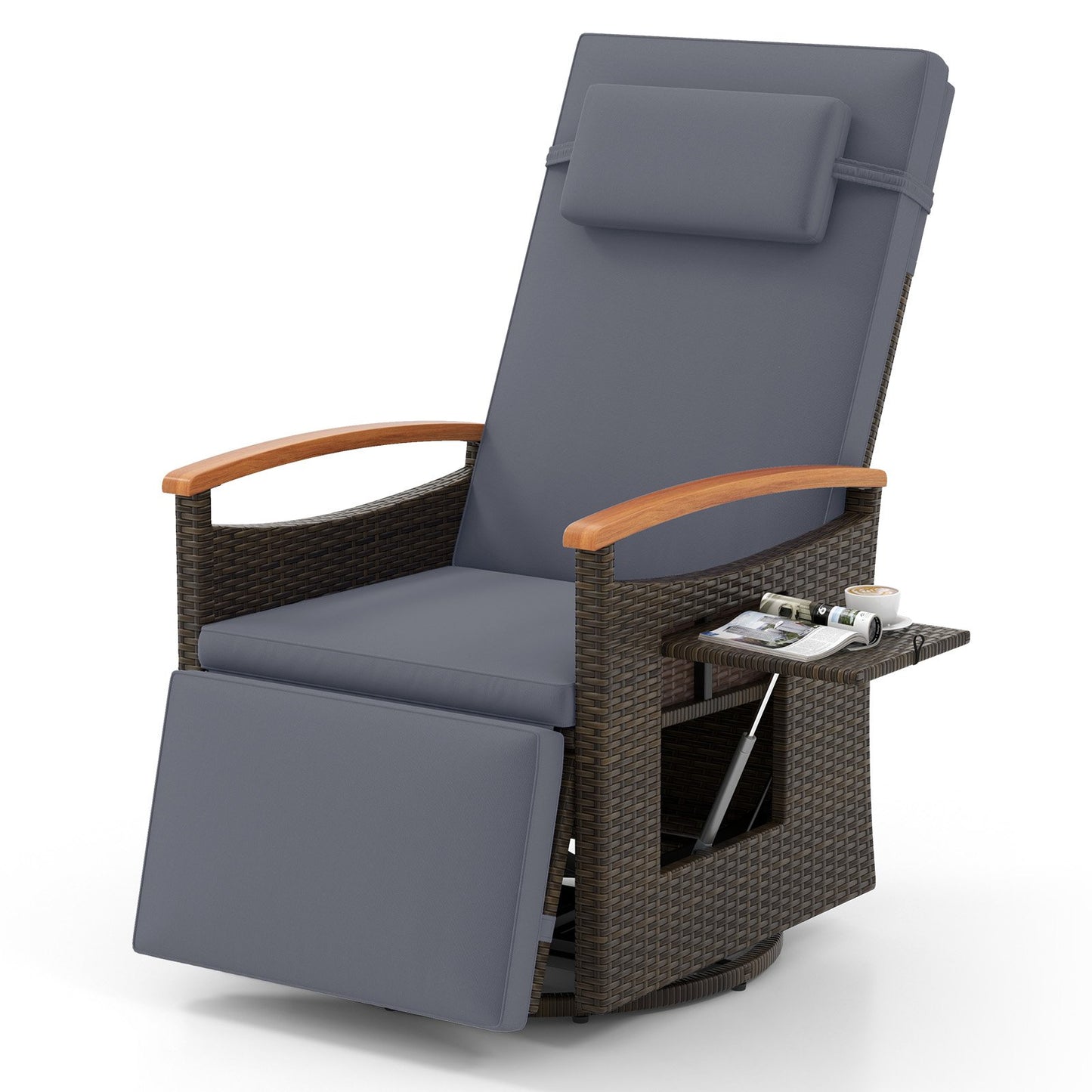 Patio Rattan 360° Swivel Recliner Chair with Adjustable Backrest and Footrest-Beige