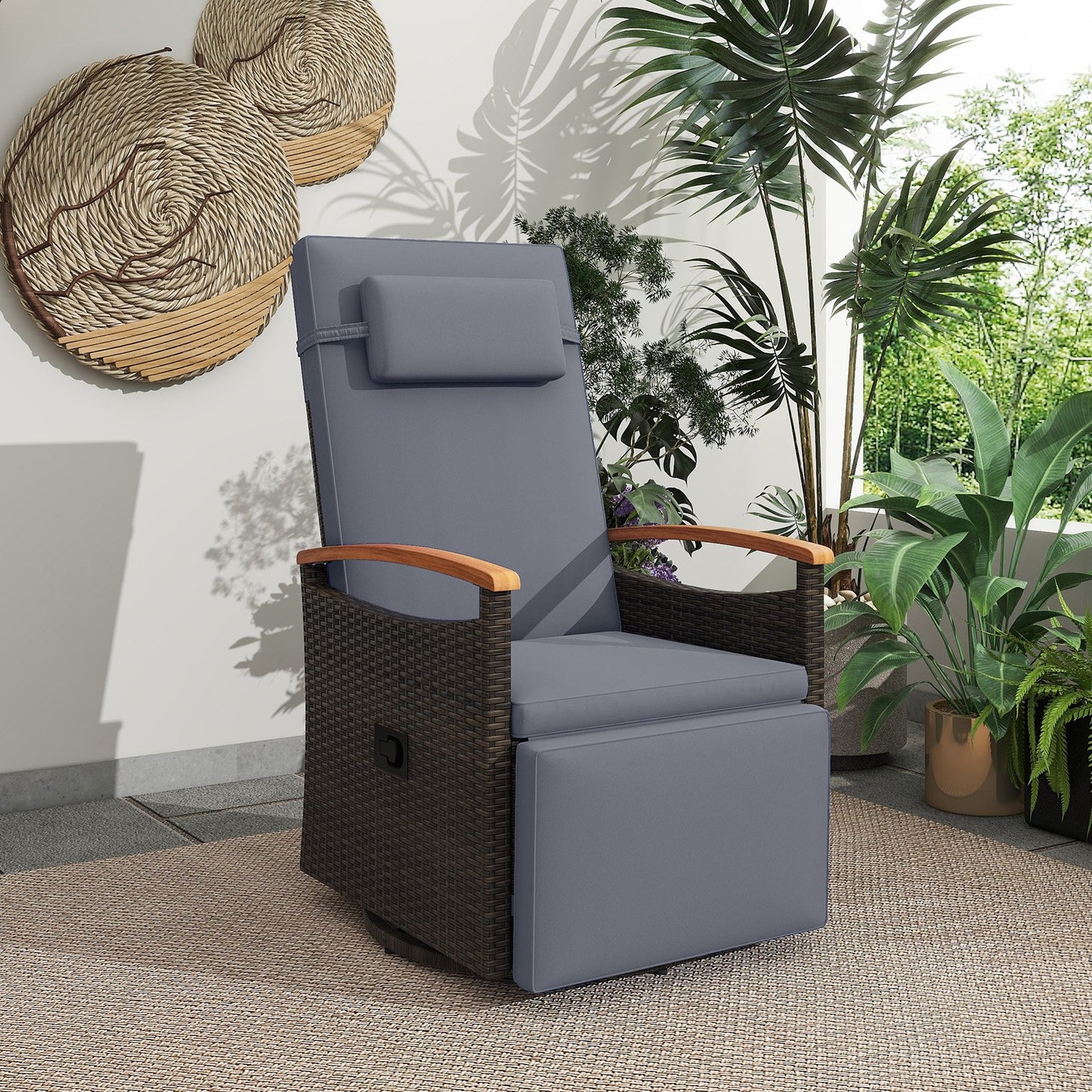 Patio Rattan 360° Swivel Recliner Chair with Adjustable Backrest and Footrest-Beige