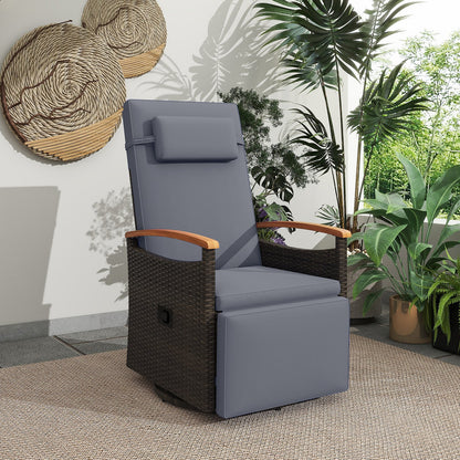 Patio Rattan 360° Swivel Recliner Chair with Adjustable Backrest and Footrest-Beige