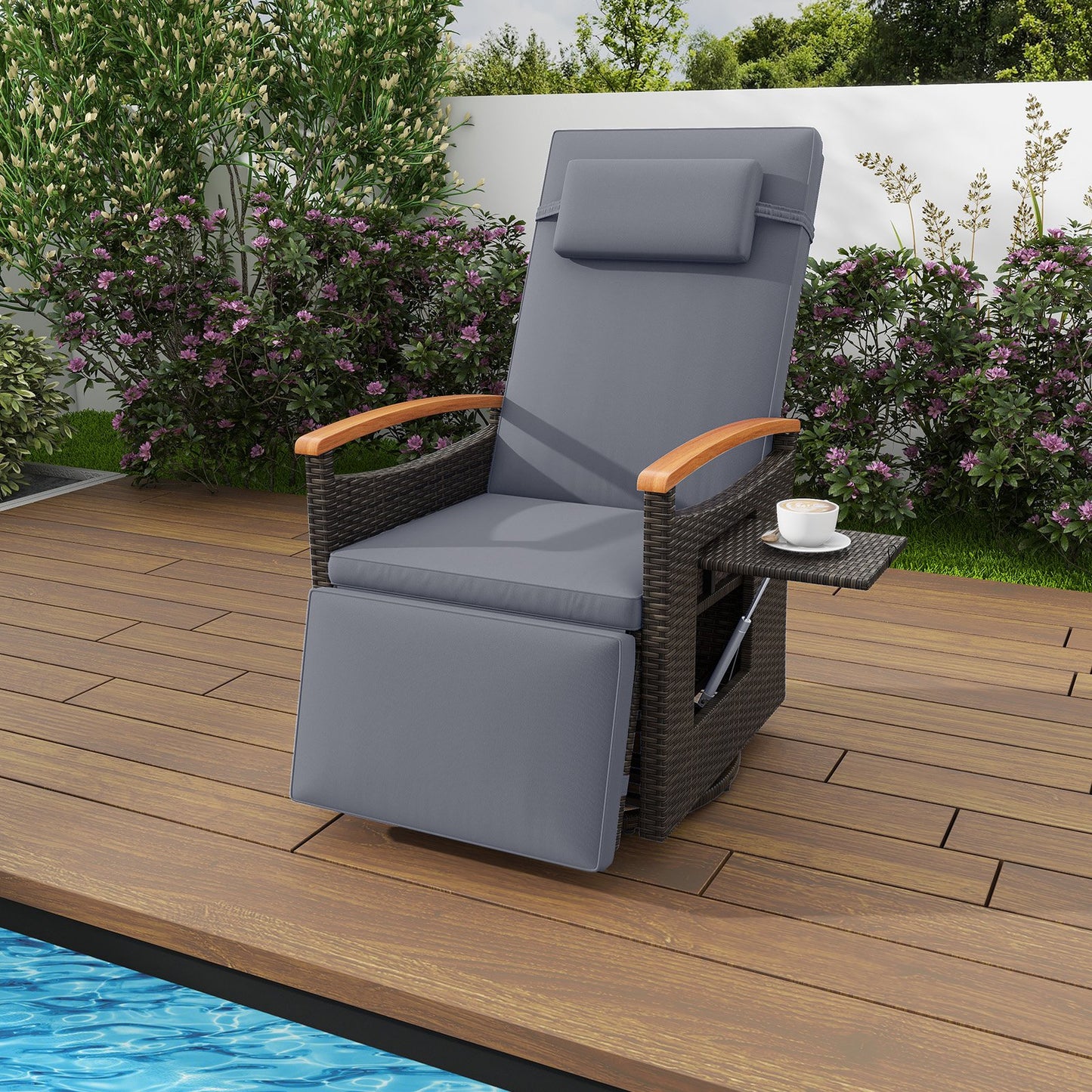 Patio Rattan 360° Swivel Recliner Chair with Adjustable Backrest and Footrest-Beige