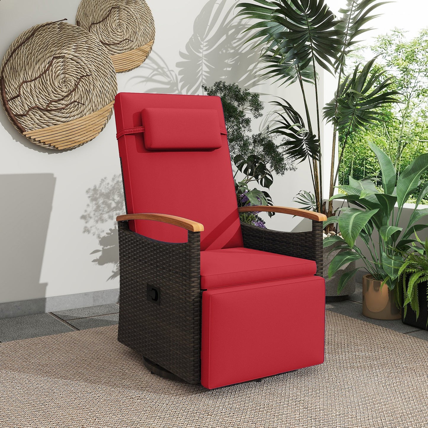 Patio Rattan 360° Swivel Recliner Chair with Adjustable Backrest and Footrest-Beige