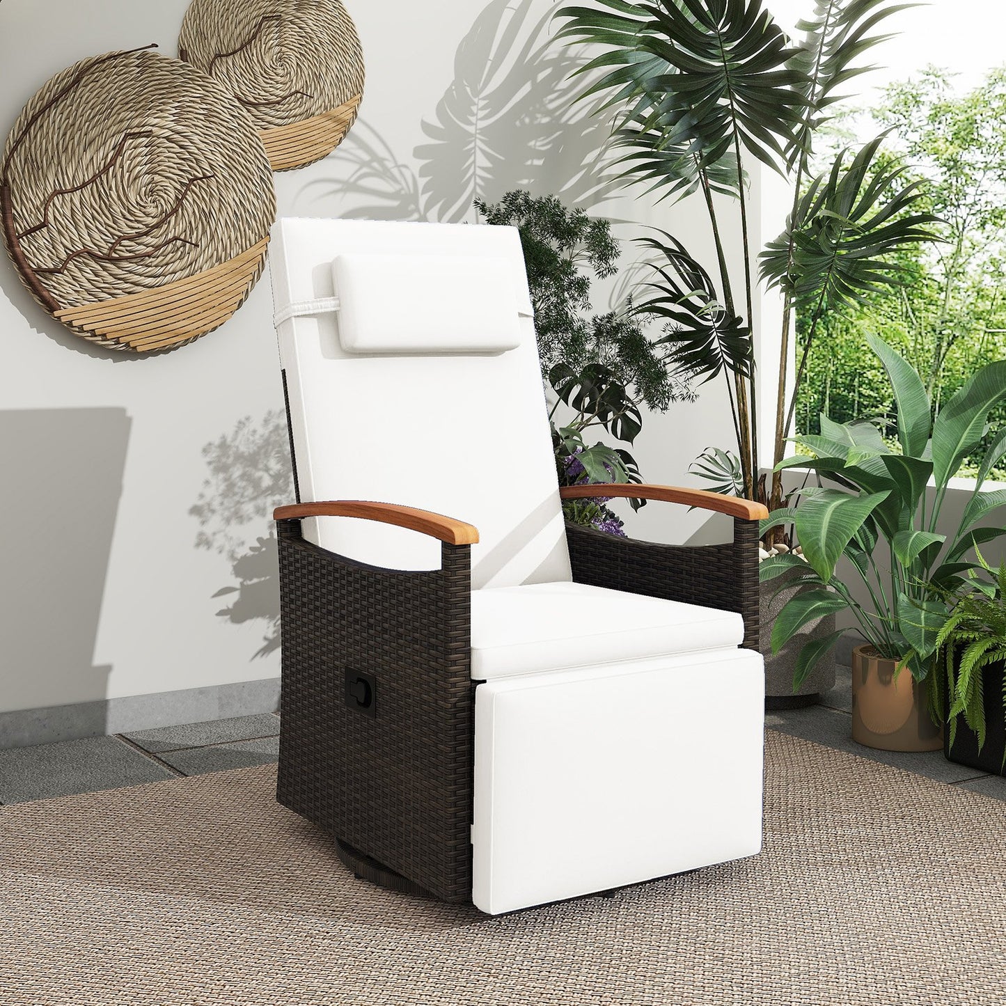 Patio Rattan 360° Swivel Recliner Chair with Adjustable Backrest and Footrest-Beige