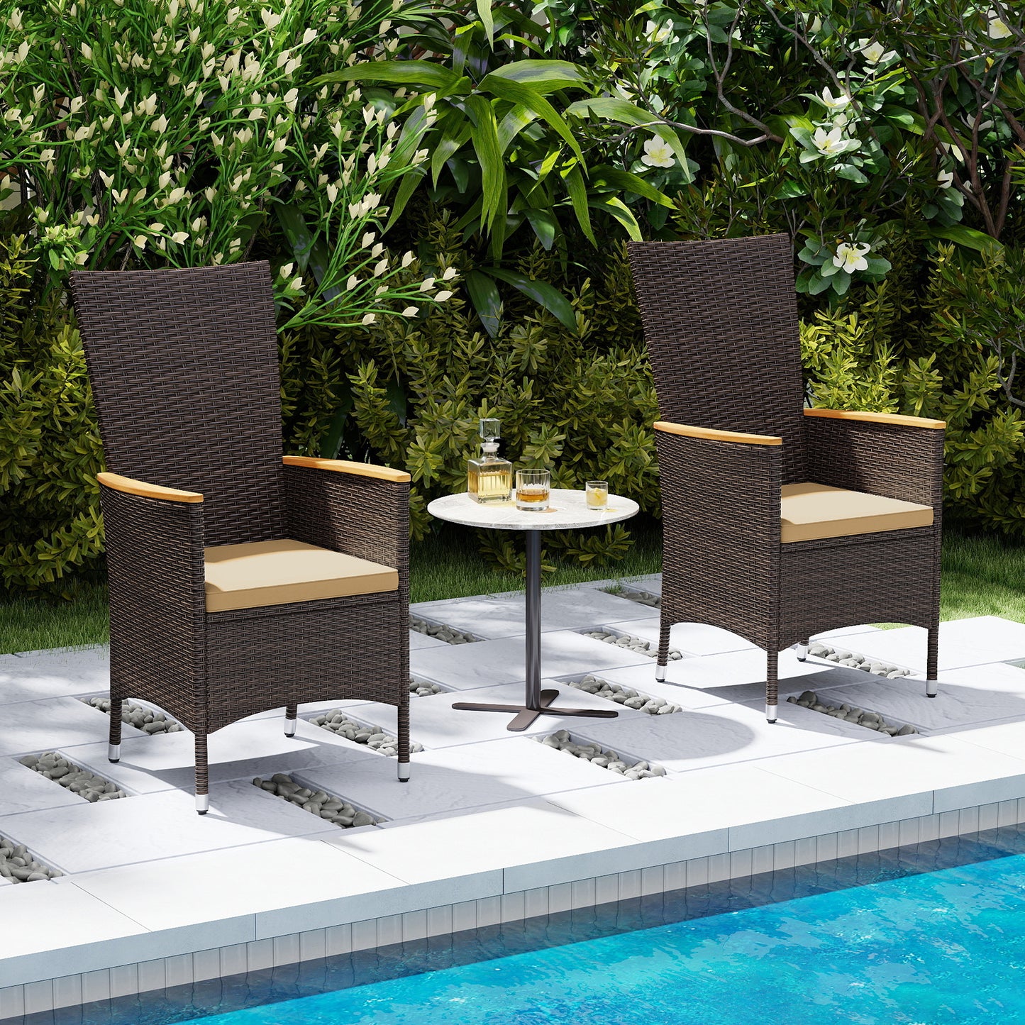 Patio Rattan Chairs Set of 4 Outdoor Wicker Dining Chairs with High Backrest-Beige