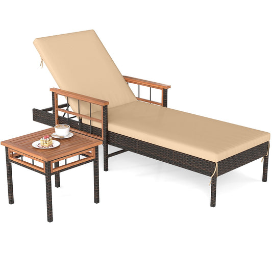 Patio Rattan Chaise Lounge with Side Table and Adjustable Backrest-WH