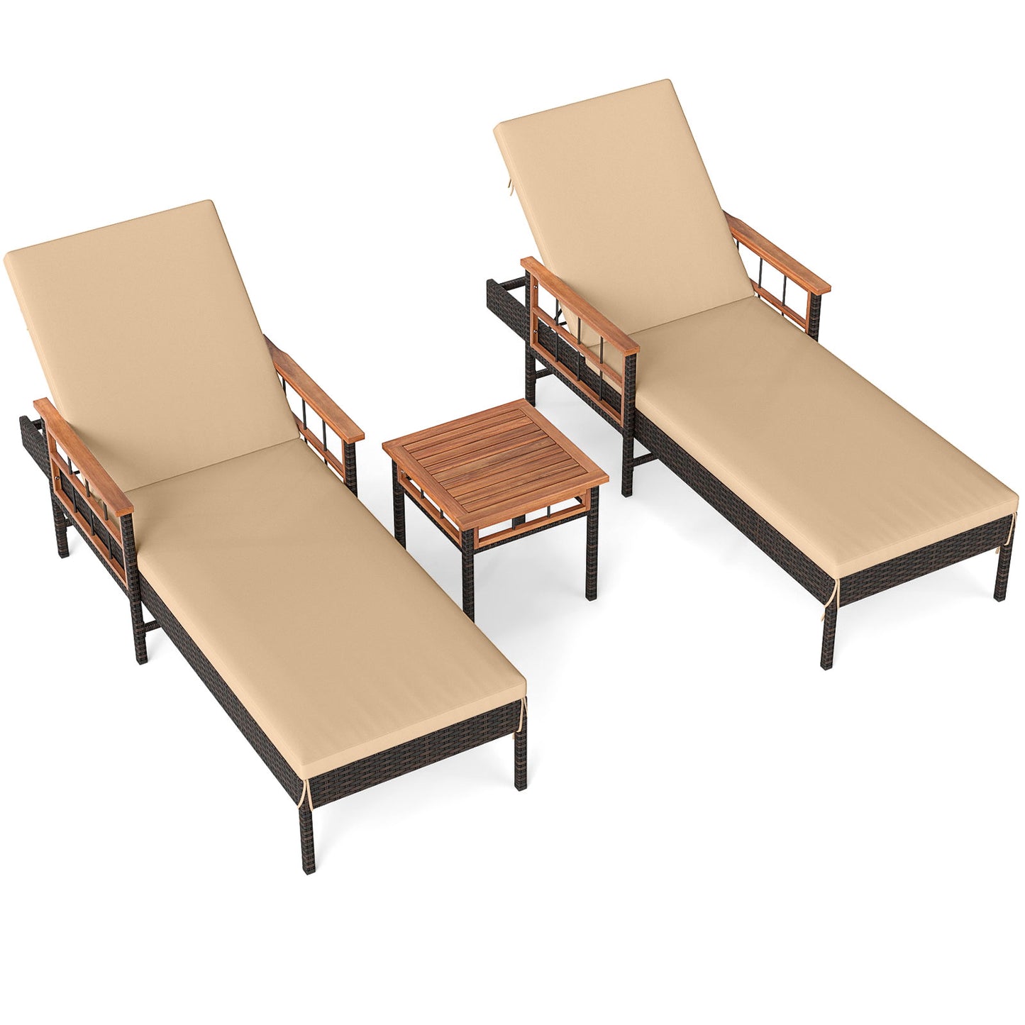 Patio Rattan Chaise Lounge with 4-Level Adjustable Backrest-Beige