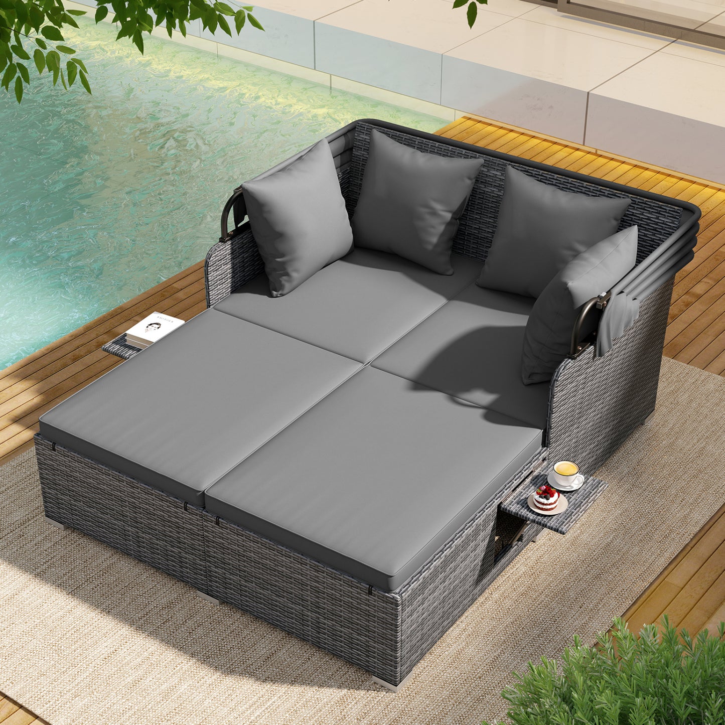 Patio Rattan Daybed with Retractable Canopy and Side Tables-Mix Gray