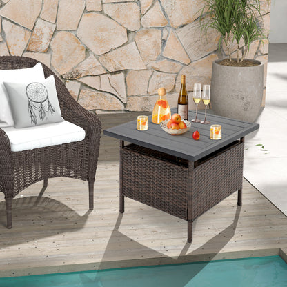Patio Square Wicker Side Table with Umbrella Hole for Yard-Black