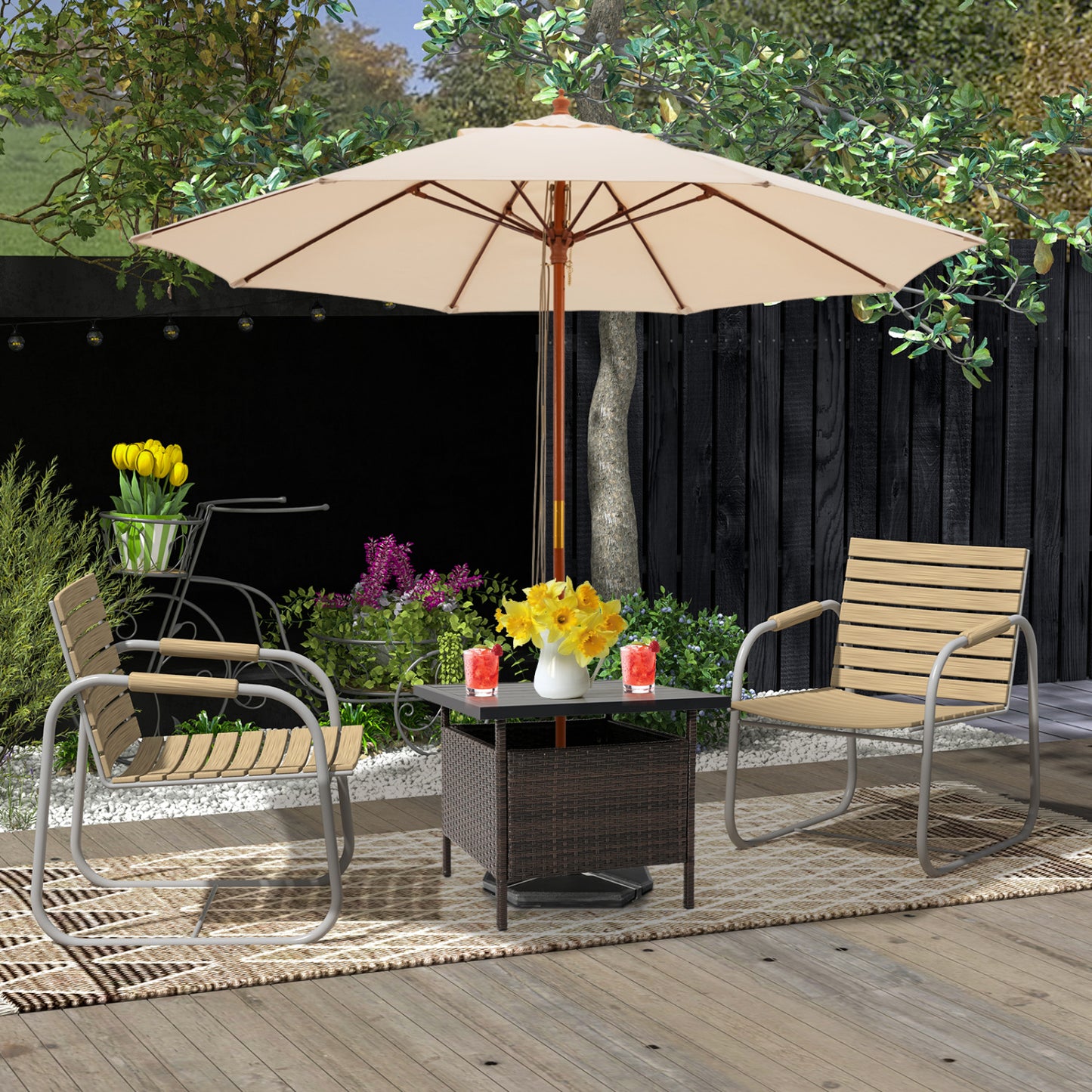 Patio Square Wicker Side Table with Umbrella Hole for Yard-Black