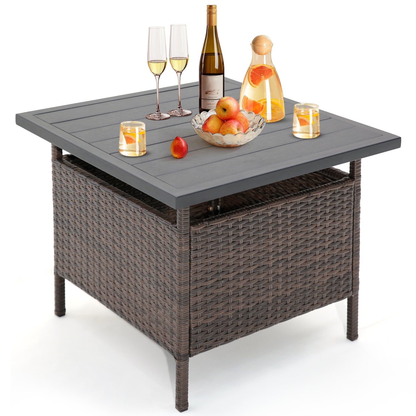 Patio Square Wicker Side Table with Umbrella Hole for Yard-Black