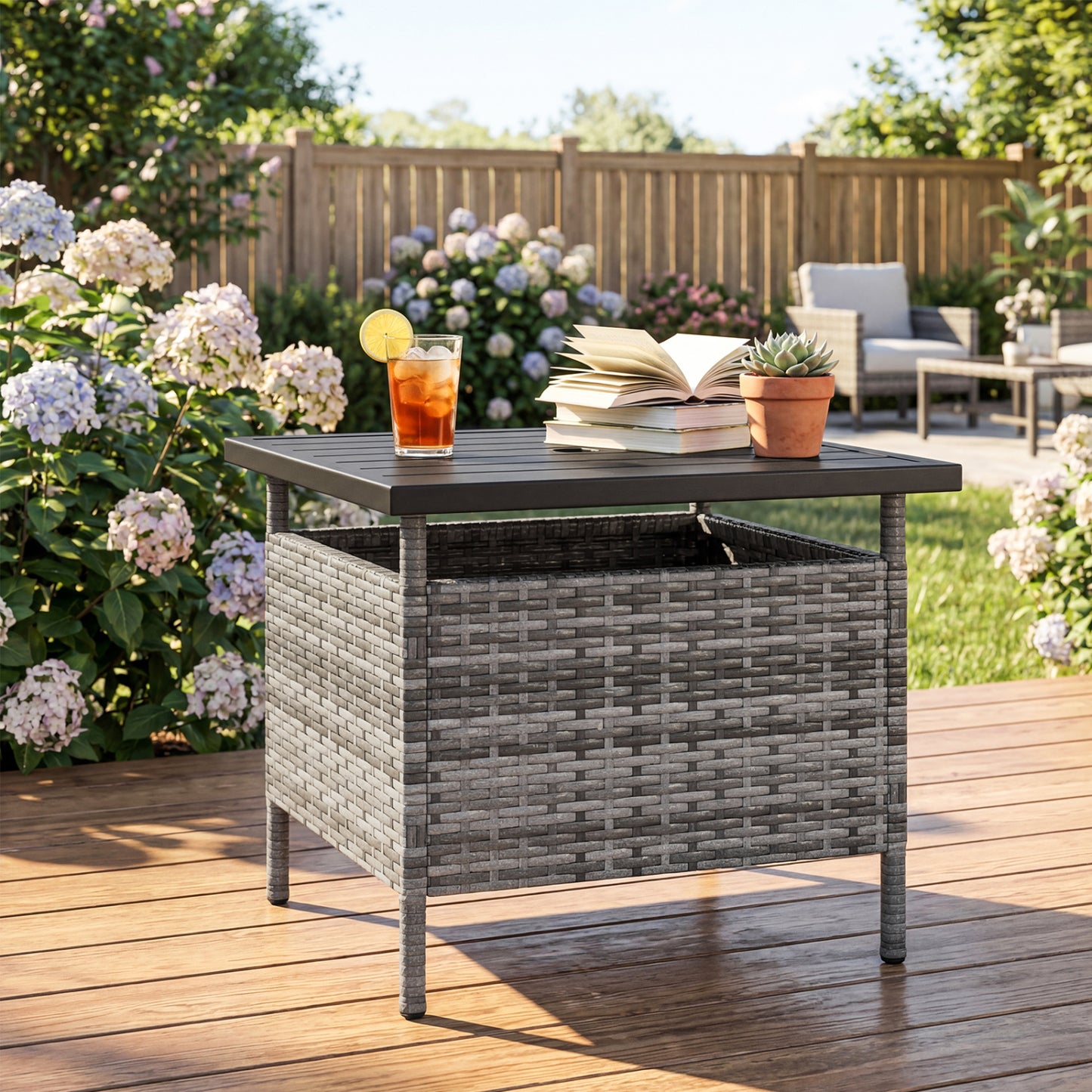 Patio Square Wicker Side Table with Umbrella Hole for Yard-Black