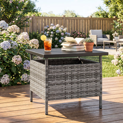 Patio Square Wicker Side Table with Umbrella Hole for Yard-Black