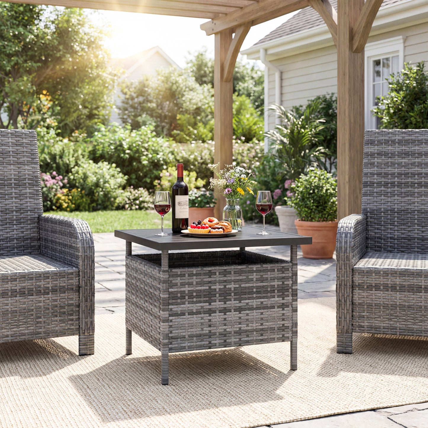 Patio Square Wicker Side Table with Umbrella Hole for Yard-Black