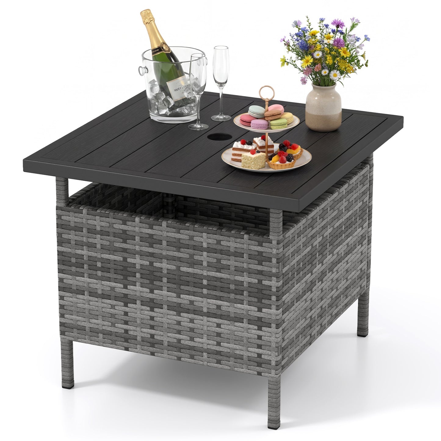 Patio Square Wicker Side Table with Umbrella Hole for Yard-Black