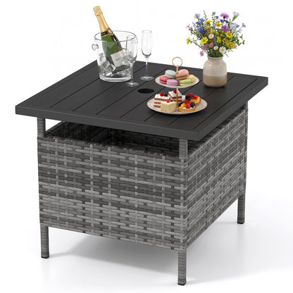 Patio Square Wicker Side Table with Umbrella Hole for Yard-Black