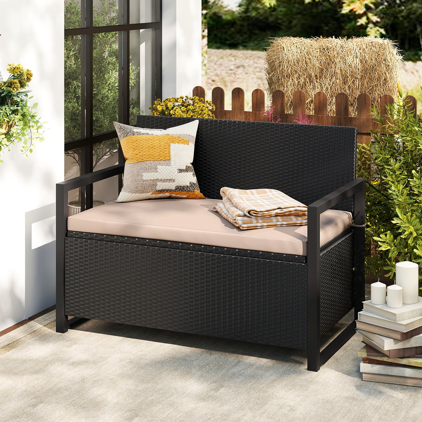 Outdoor wicker patio storage bench with built-in storage and loveseat design, perfect for outdoor patio and garden organization.