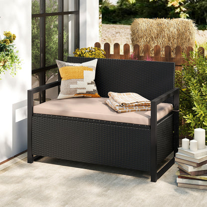 Outdoor wicker patio storage bench with built-in storage and loveseat design, perfect for outdoor patio and garden organization.