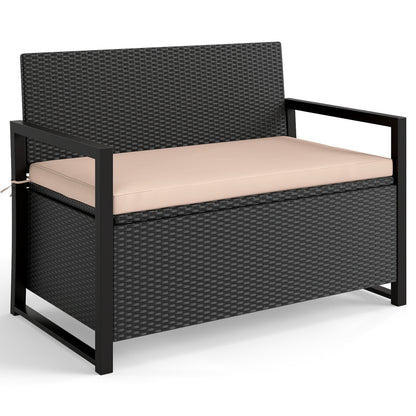 Outdoor wicker patio storage bench with built-in storage and loveseat design, ideal for outdoor patio organization and seating.