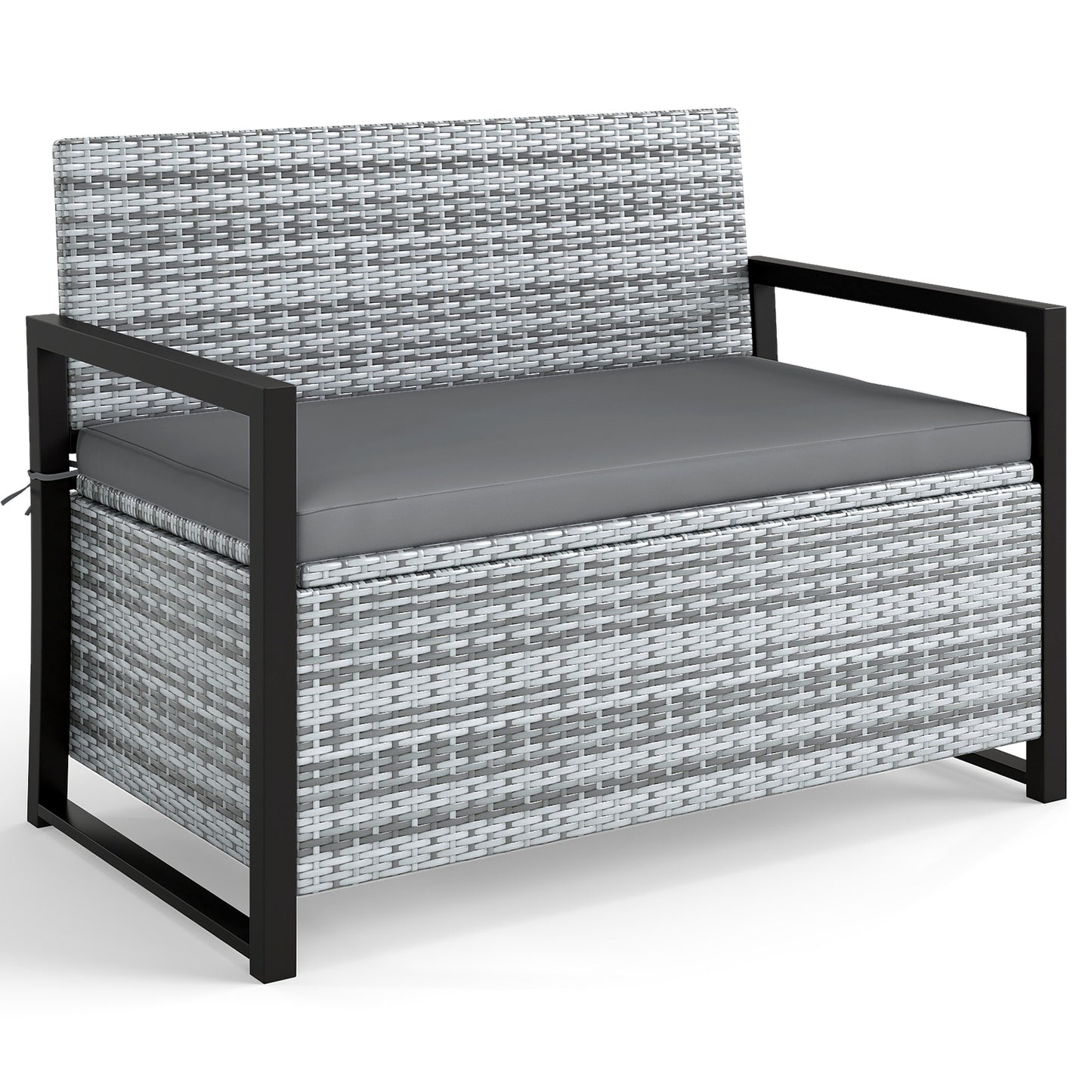 Outdoor wicker patio storage bench with built-in storage, ideal as a loveseat for outdoor living spaces.