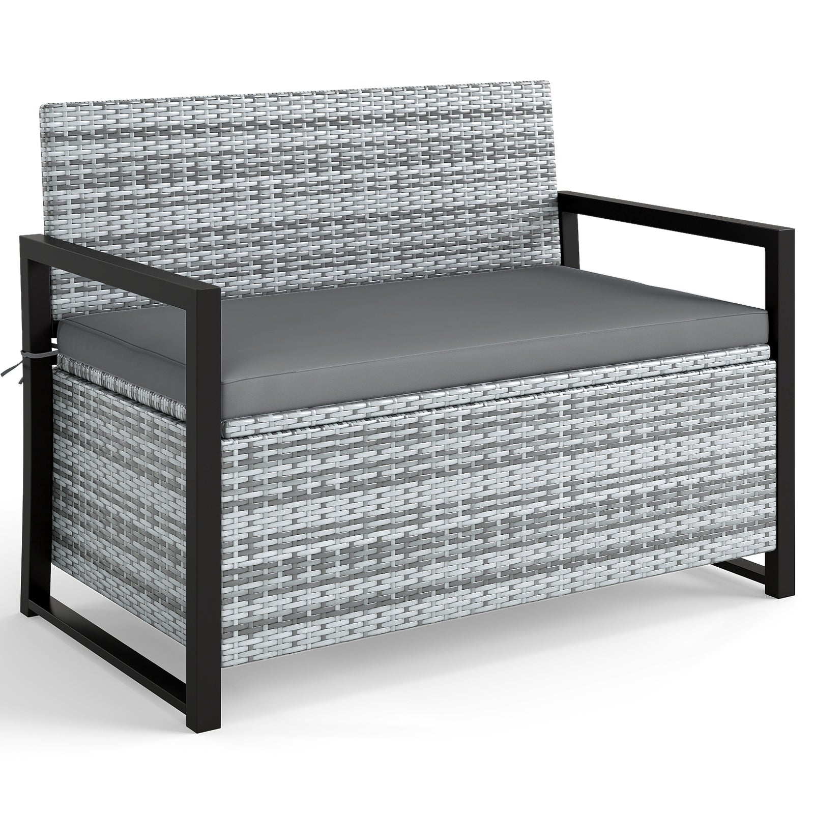 Outdoor wicker patio storage bench with built-in storage, ideal as a loveseat for outdoor living spaces.
