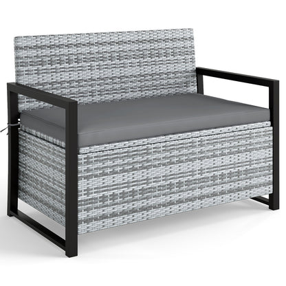 Outdoor wicker patio storage bench with built-in storage, ideal as a loveseat for outdoor living spaces.