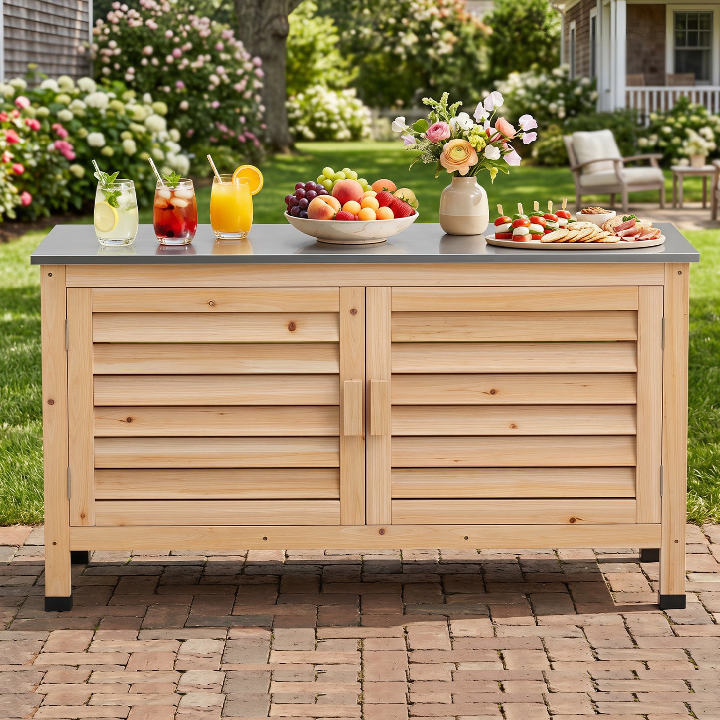 Patio Storage Cabinet with Stainless Steel Countertop and L-Shaped Shelf for Garden-Natural