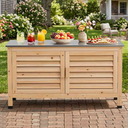 Patio Storage Cabinet with Stainless Steel Countertop and L-Shaped Shelf for Garden-Natural