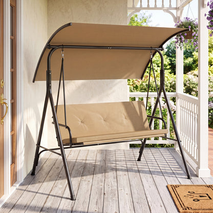 Beige outdoor patio swing chair with adjustable canopy, removable cushion, and metal stand for porch relaxation.