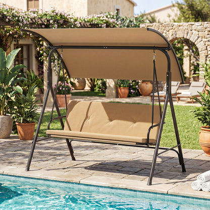 Beige outdoor patio swing chair with adjustable canopy, removable cushion, and metal stand, perfect for porch relaxation.
