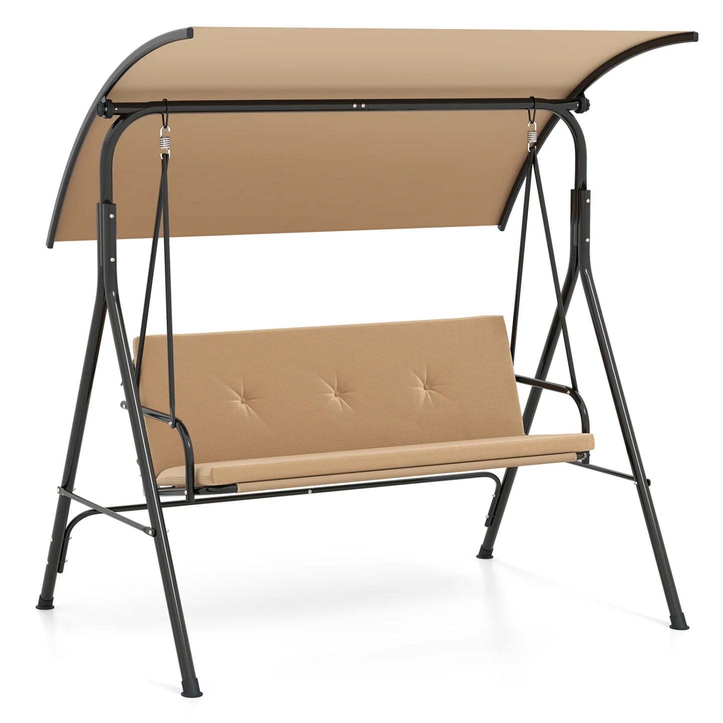 Beige patio swing chair with adjustable canopy, removable cushion, and metal stand for outdoor porch relaxation.