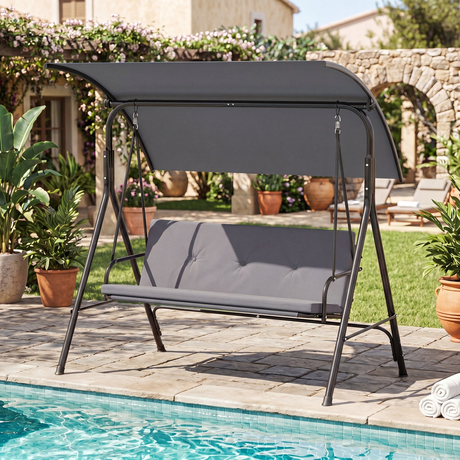 Beige patio swing chair with adjustable canopy, removable cushion, and metal stand for outdoor porch relaxation.
