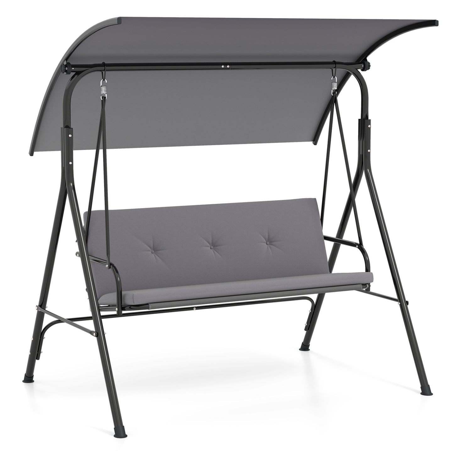 Beige outdoor patio swing chair with adjustable canopy, removable cushion, and metal stand for porch relaxation.