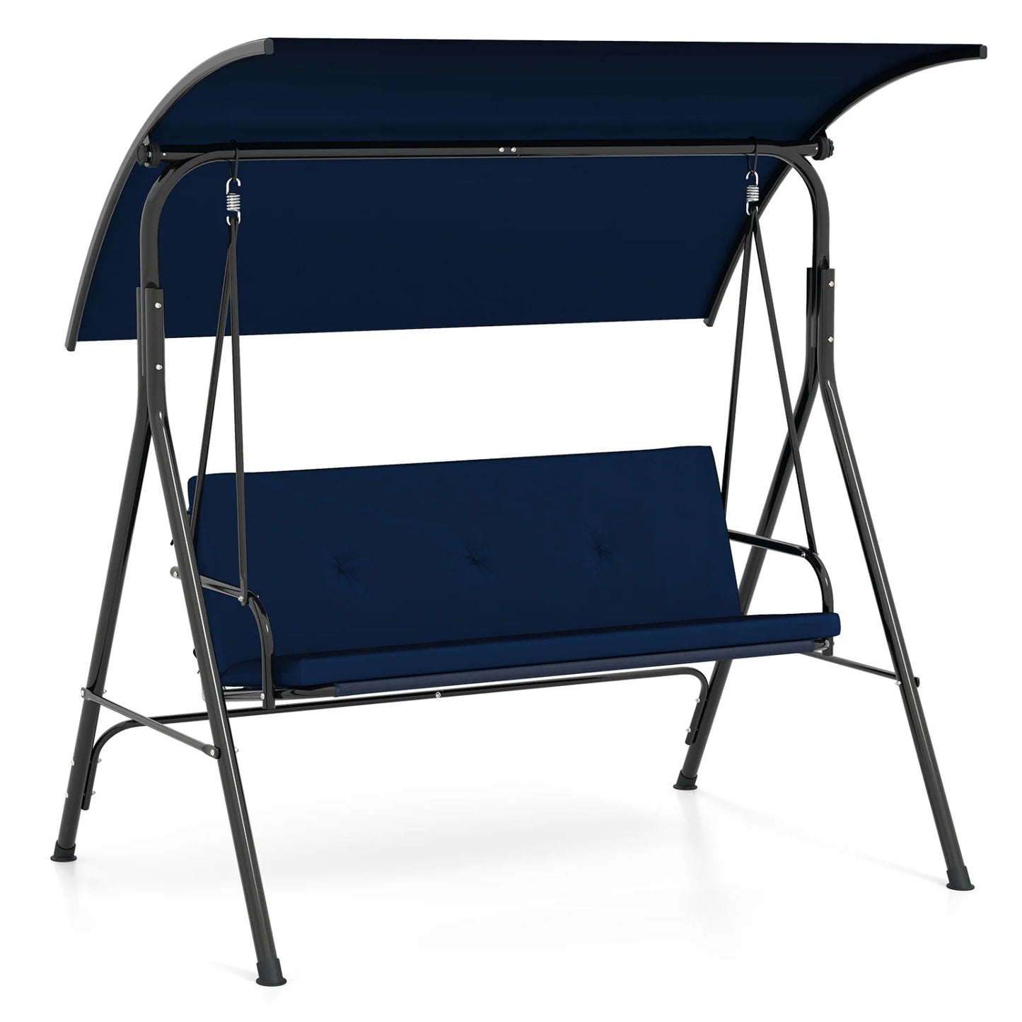 Beige patio swing chair with adjustable canopy, removable cushion, and metal stand for outdoor porch seating.