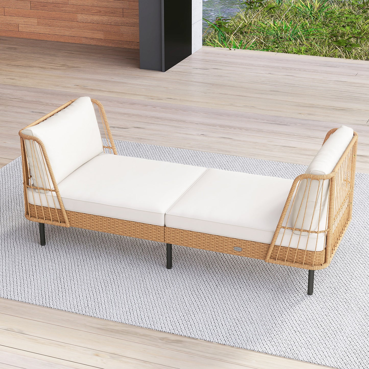 Patio Wicker Daybed Outdoor Boho Rattan Loveseat Sofa with Seat and Back Cushions-White