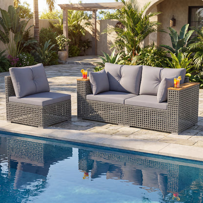 Patio Wicker Sectional Furniture Set with 1 Armless and 2 Corner Sofas for Garden-Beige