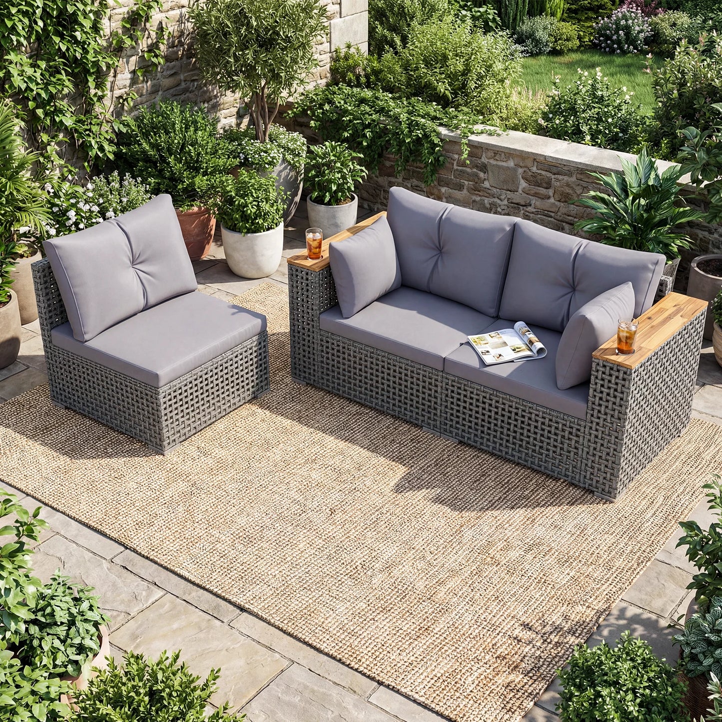 Patio Wicker Sectional Furniture Set with 1 Armless and 2 Corner Sofas for Garden-Beige