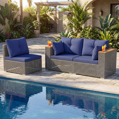 Patio Wicker Sectional Furniture Set with 1 Armless and 2 Corner Sofas for Garden-Beige