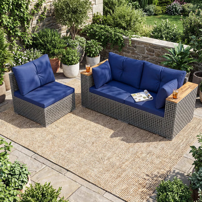 Patio Wicker Sectional Furniture Set with 1 Armless and 2 Corner Sofas for Garden-Beige
