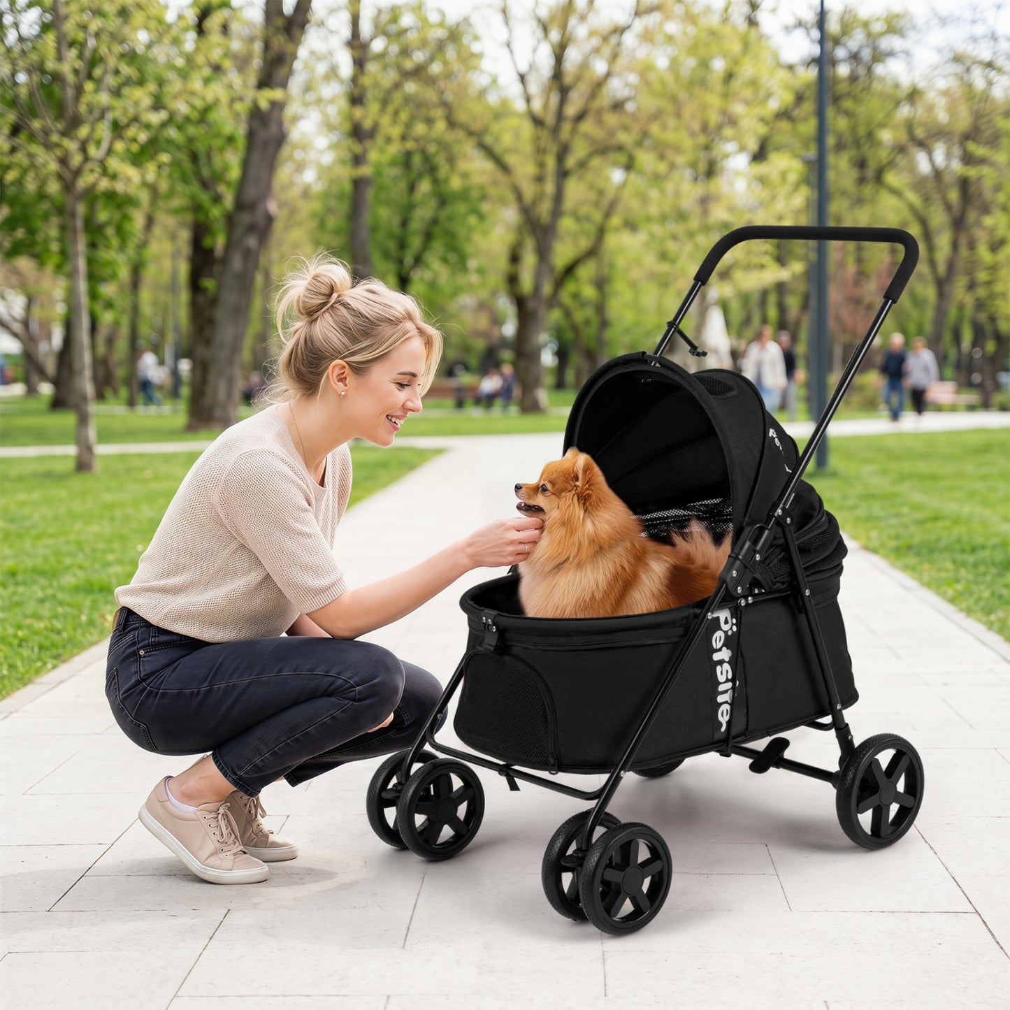 Black foldable pet stroller for small and medium dogs with one-step rear brake and canopy, designed for easy outdoor walks.